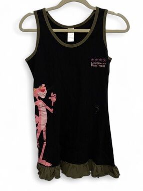 Y2K Pink Panther Lieutenant Panther Black Tank Mini Dress with Olive Trim